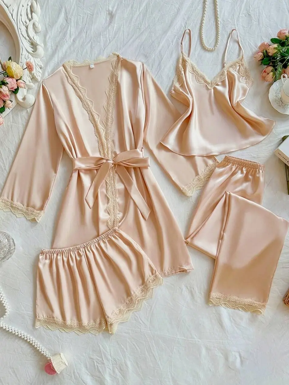 4-Piece Champagne Satin Sleepwear Set with Lace Patchwork: Camisole, Shorts, Pants, and Robe