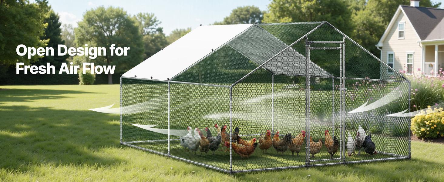 VEVOR Large Metal Chicken Coop, 9.8 x 13.1 x 6.6 ft, Walk-in Chicken Runs with Waterproof Cover, Spire Roof Hen House Enclosure with Lock, Outdoor Duck Rabbit Cage Poultry Pen for Backyard, Farm, Yard