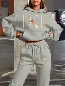 Women's Fall Winter Hoodie Set, Letter Print, Minimalist Line Decor, Casual Fitted Long Sleeve, All-Season Comfort, Everyday