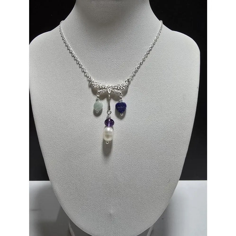 Silver 925 Dragonfly Necklace with Natural Stones 18 Inches Long