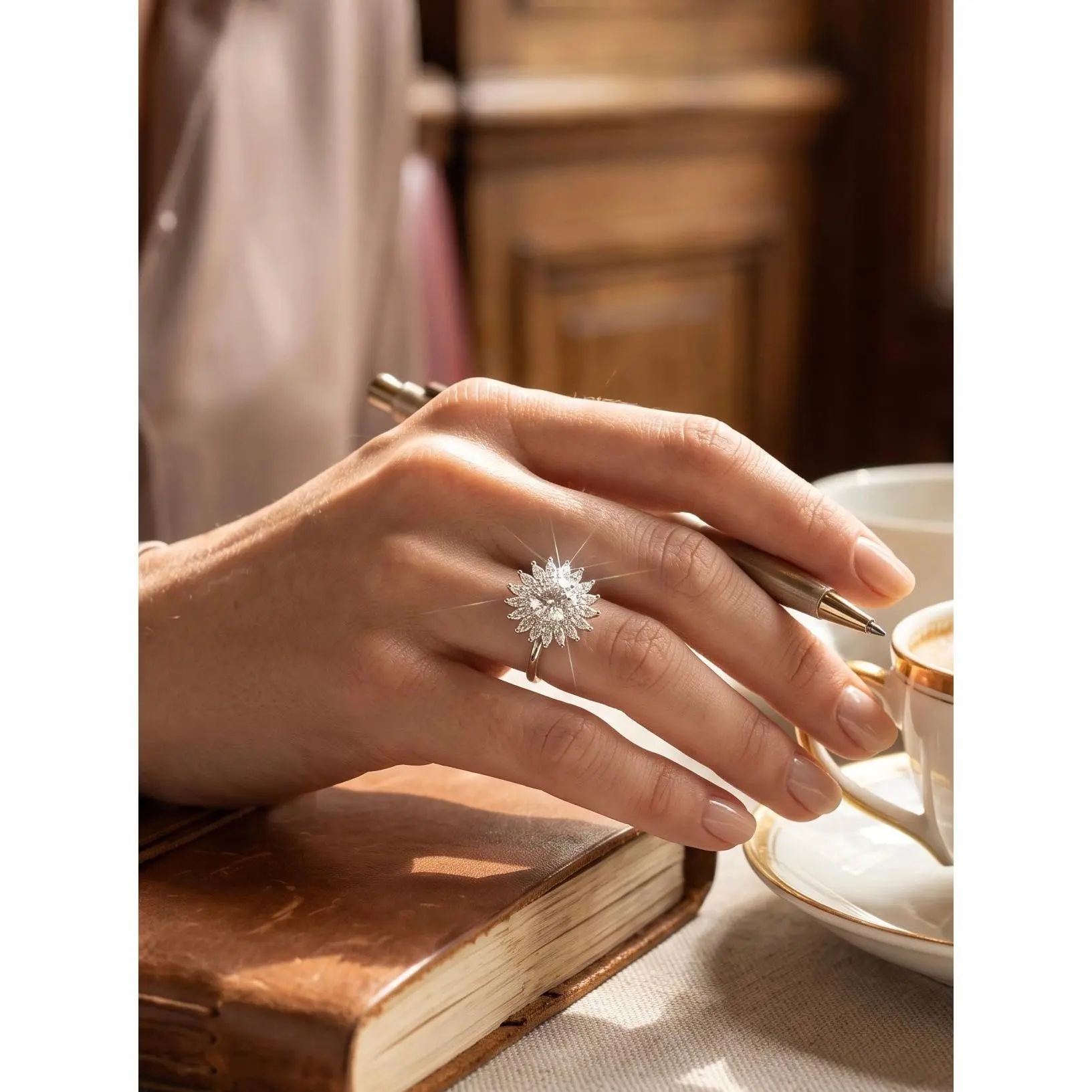 S925 Sterling Silver Sunburst Halo Moissanite Ring – Size 9 | Floral Statement Engagement Ring | Gift for Her 045
