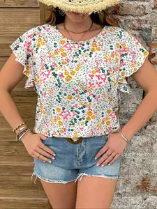 Plus Size Printed Casual Top, Soft Short Sleeve Shirt, Round Neck Comfortable Daily Wear, Suitable for All Seasons