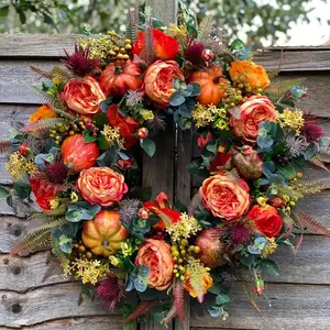 Indoor and outdoor decoration with autumn plant flower garlands, pumpkin vine rings, Thanksgiving vine decorations, front door decorations, living room wedding props, artificial autumn flower garlands, woven flower garlands mesh wreath