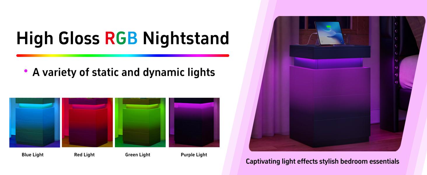 Nightstand with Charging Station and LED Lights,Night Stand with Sliding Top,Bedside Table with Drawers,Modern End Side Table for Bedroom