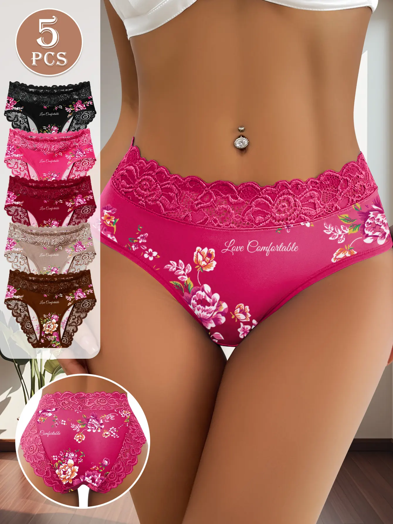 QUASTI 5 Pack Mid Waisted Lace Printed Flower Women's Briefs, Skin-Friendly Breathable Delicate Fit, Fashionable Dailywear, S-5XL