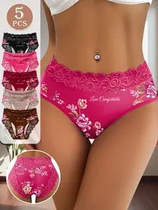 QUASTI 5 Pack Mid Waisted Lace Printed Flower Women's Briefs, Skin-Friendly Breathable Delicate Fit, Fashionable Dailywear, S-XXL