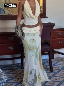 Women's Backless Sleeveless Halter Top & Floral Print Skirt Two-piece Set, Ladies Summer Clothes for Beach Holiday, Womenswear