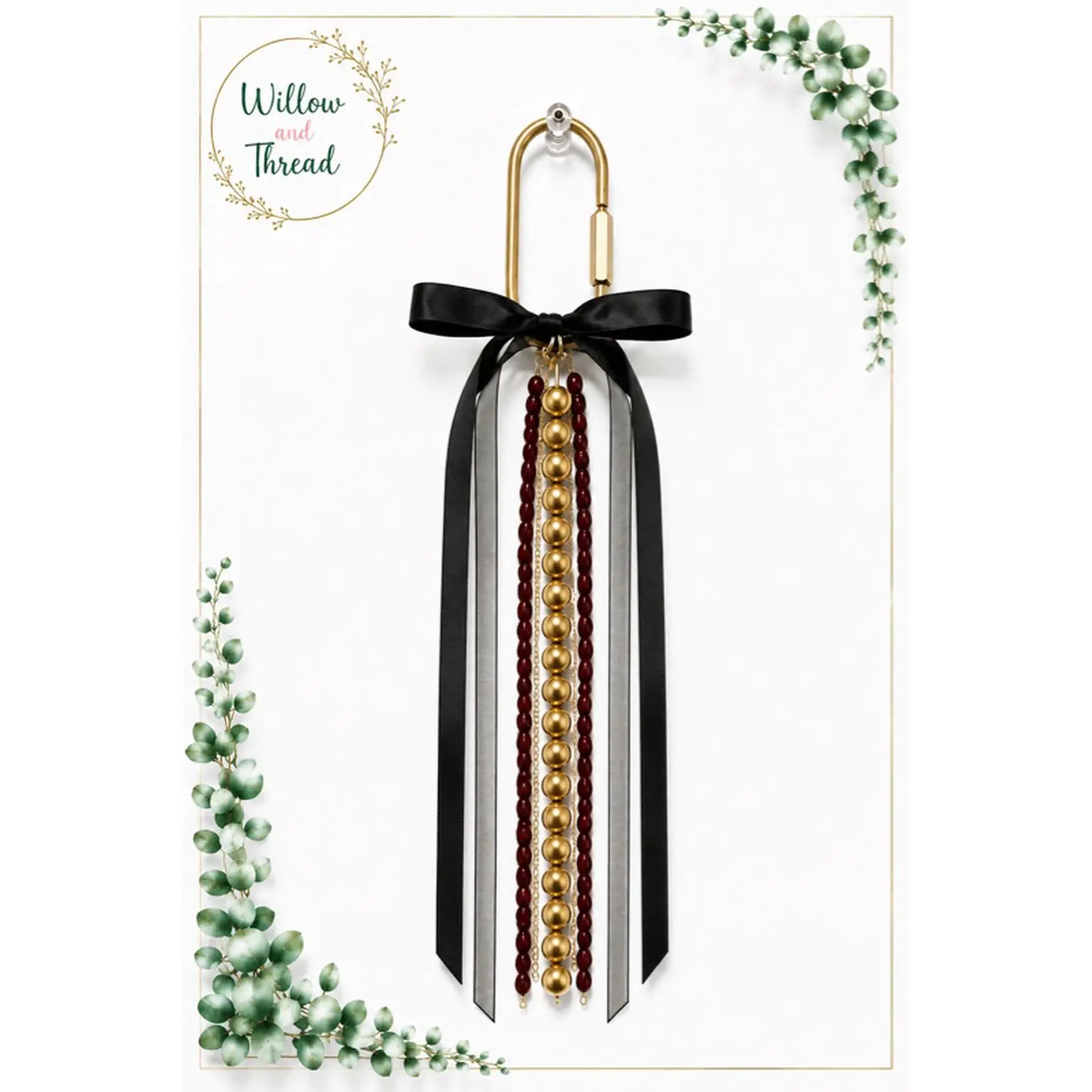 Willow and Thread Elegance Bead Tassel Keychain with Black Ribbon and Gold Beads for Stylish Accessory