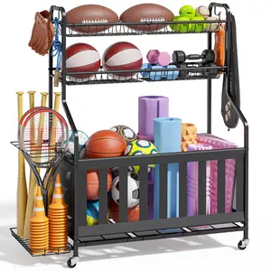 3 Tier Sports Equipment Organizer, Rolling Ball Storage Rack with Wheels, Basketball & Garage Storage Rack, Black