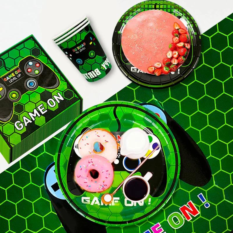 Video Game Birthday Party Decorations for Boys,132pcs Birthday Decorations&Tableware Set-Plates Cups Napkins Tablecloth Balloons