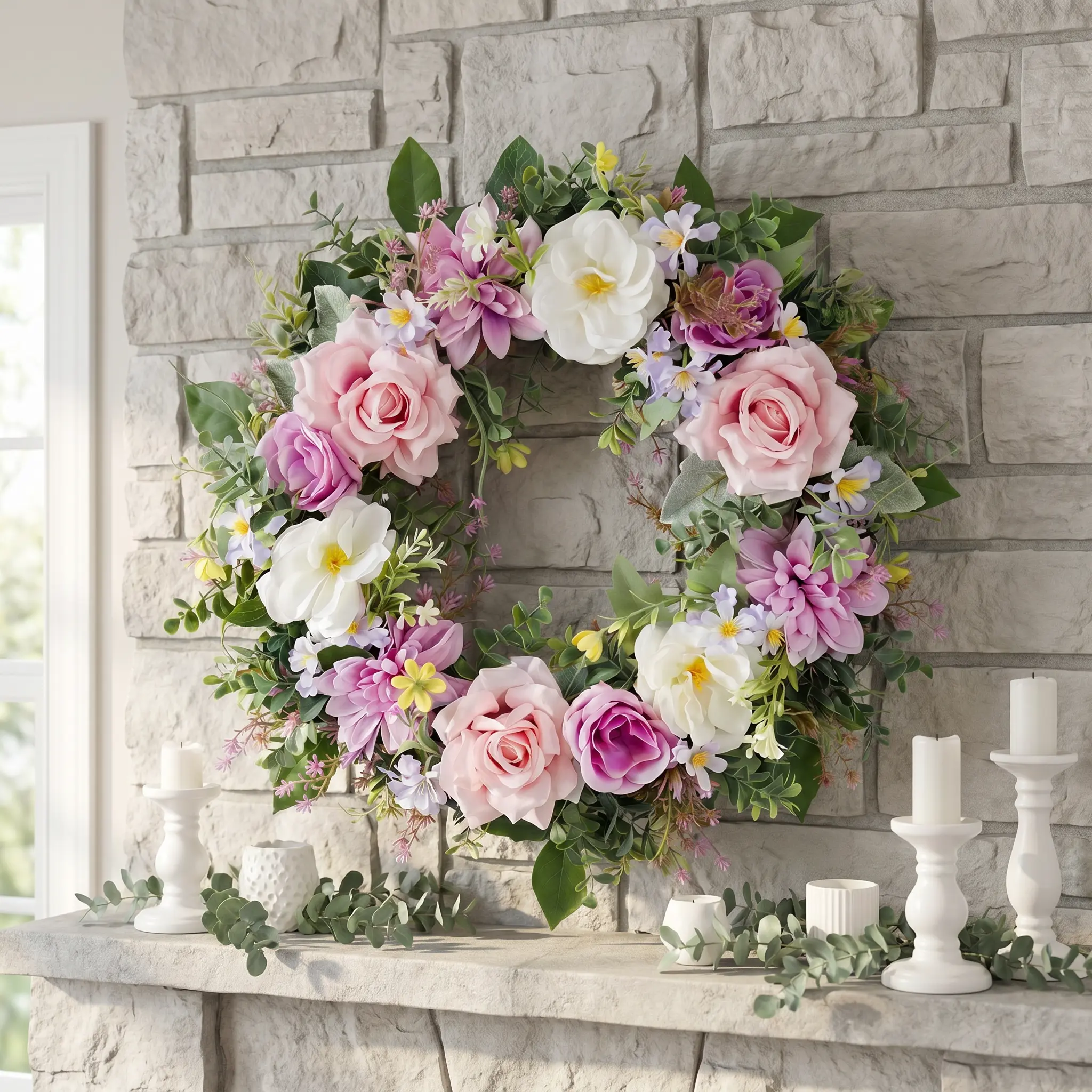 20" Decorative Peony and Rose Wreath - Color-Coordinated Artificial Flowers, Bouquet-Shaped Arrangement, Artificial Roses Bouquet, All-Season Fake Flower Decor for Wall, Window, Wedding, Romantic Bohemian Front Door Home Ornament