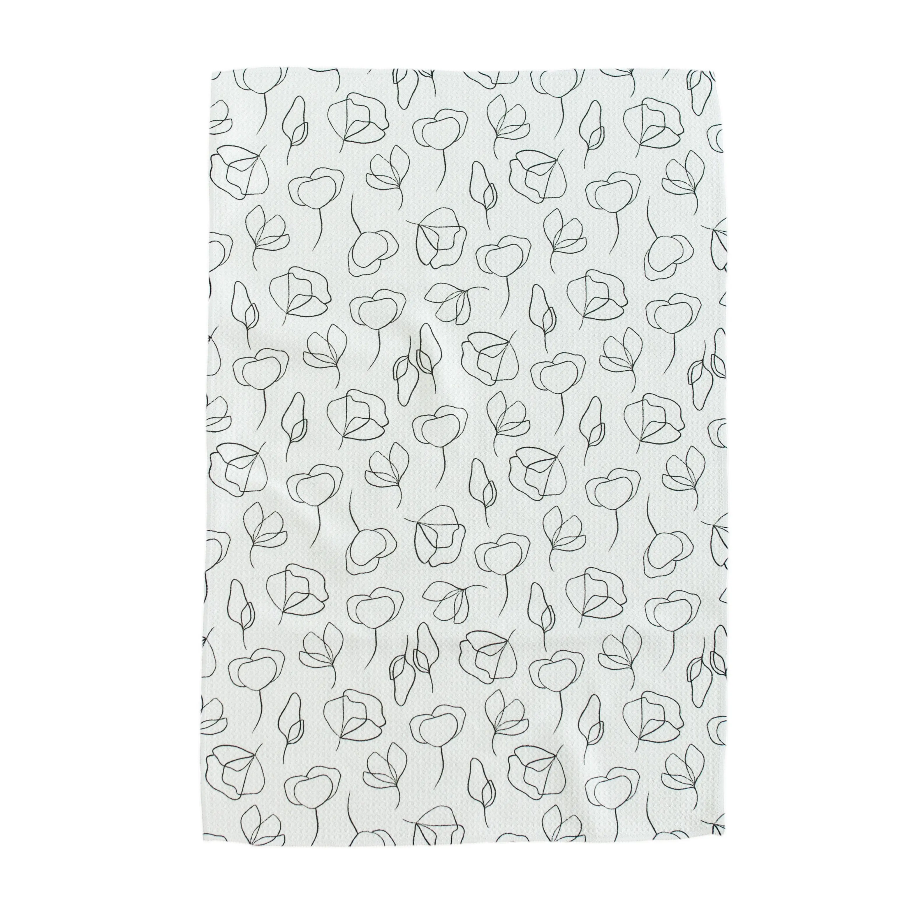 Black Line Flowers Hand Towel - Microfiber Print with Heart and Leaf Motif Design