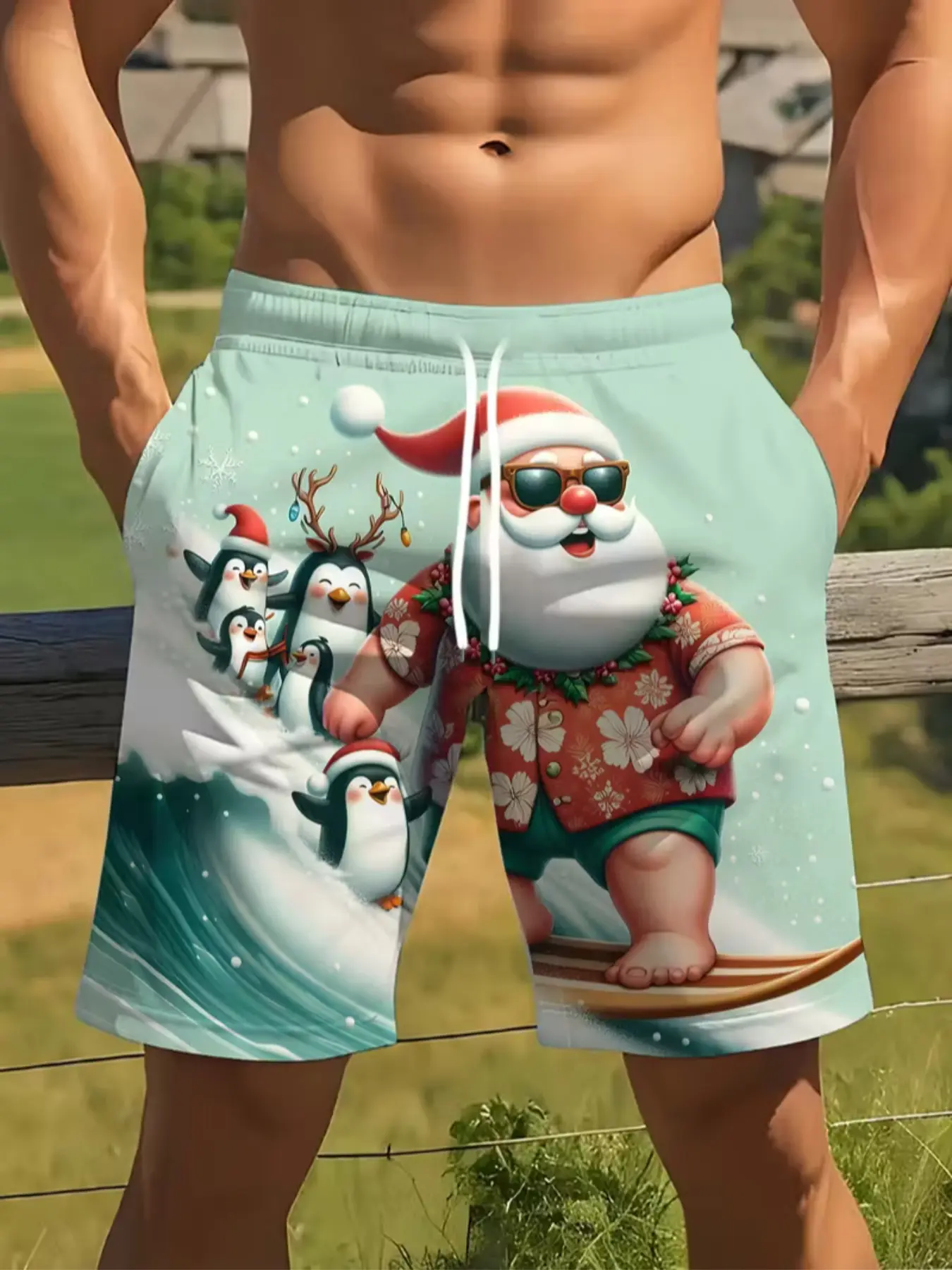 Merry Christmas! Santa Ski Penguin Print Men's Shorts, Festive Holiday Vibes, Fitted Drop Waist Design, Casual Style, Drawstring Waist