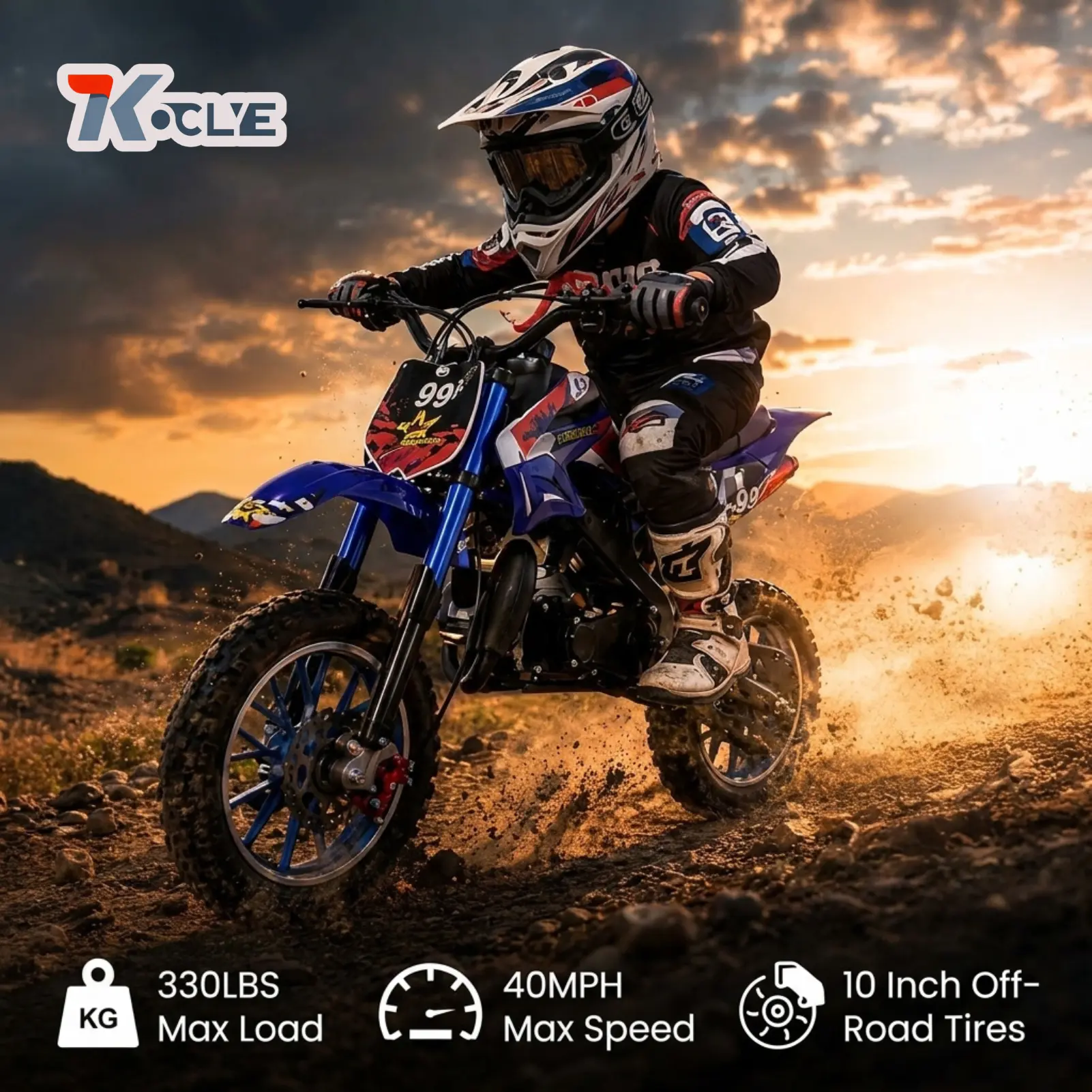 【KOCLYE】92 (25:1) Dirt Bike | Top Speed 25 MPH | 10" off-road Tires | 30min Range | 330Lbs Load | Disc Brakes 【GEN 1】Red & Blue