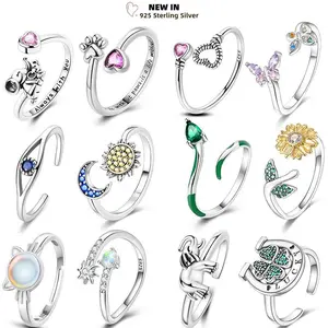 Free Size 925 Sterling Silver Ring Butterfly Sun Moon Sunflower Crystal Original Adjustable Rings For Women Wedding Jewelry Gift