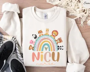 NICU Nurse Rainbow Sweatshirt, Neonatal Intensive Care Unit Apparel, Nurse Appreciation Gift, Cute Animal Graphic Pullover E62