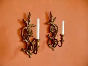 Syroco Gold Scroll and Flower Taper Candle Wall Sconces, Vintage Pair Wall Hanging Candleholders, Regency Boudoir Powder Room Wall Decor