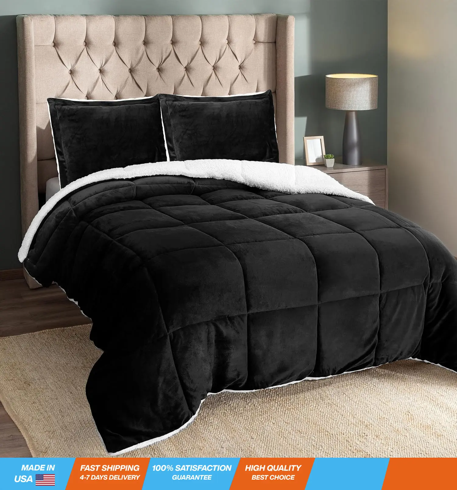 Micromink Sherpa Fleece King Size Comforter Set with 2 Pillow Shams, Plush and Warm Bedding Comforter Sets, Down Alternative Comforter, Ultra Soft and Cozy Comforter Set (King, Black)