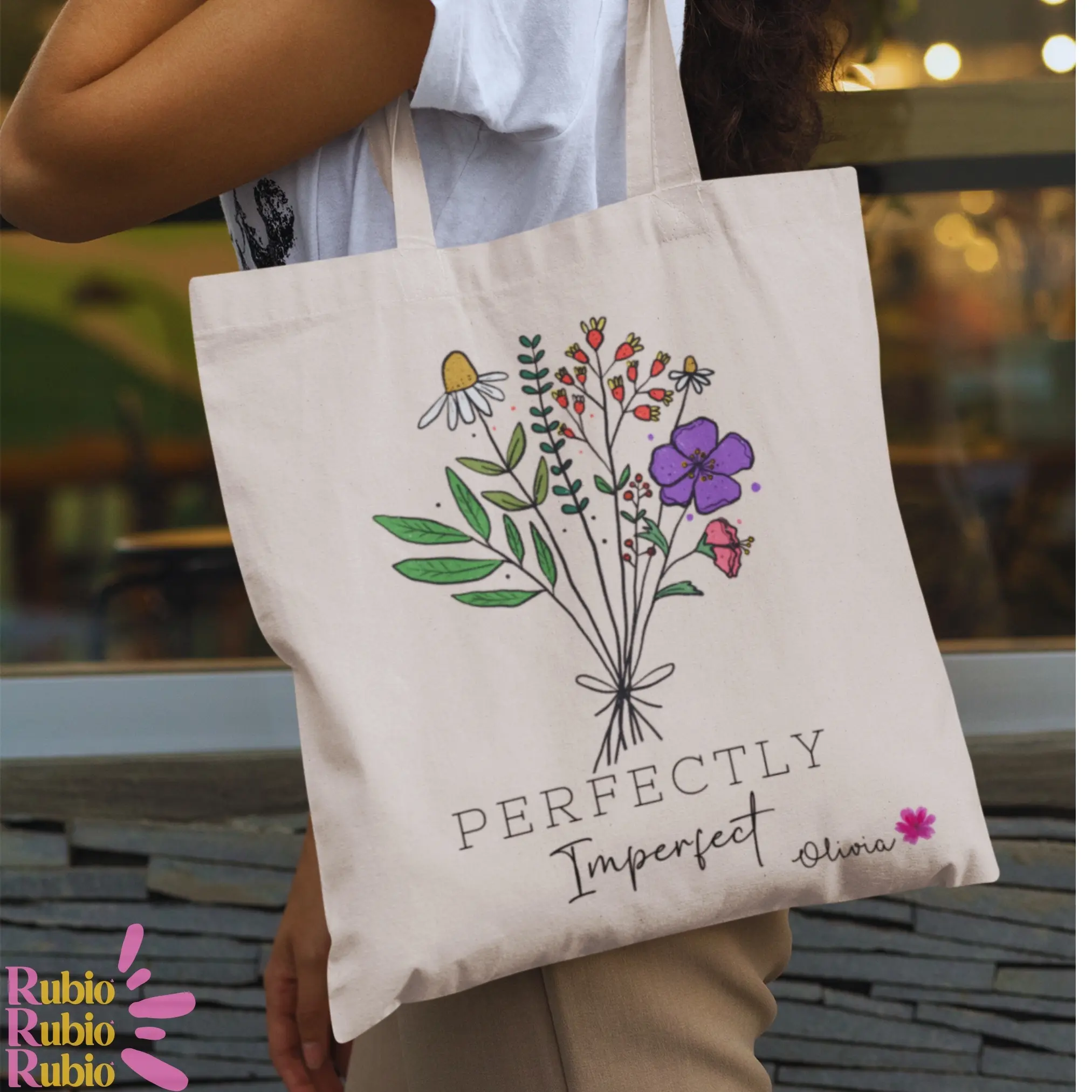 Perfectly Imperfect, Original store design, Tote bag canvas custom name, Bestie Gift, Best friend gift, Bridesmaid gift, Flowers Tote Bag