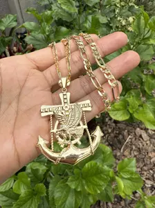 14K Gold Plated Fashion Hip Hop Sailor Anchor Eagle 1.77" Pendant Size - Luxury Pendant with Figaro Link Chain 18" 4mm - Unisex Jewelry Brass Material