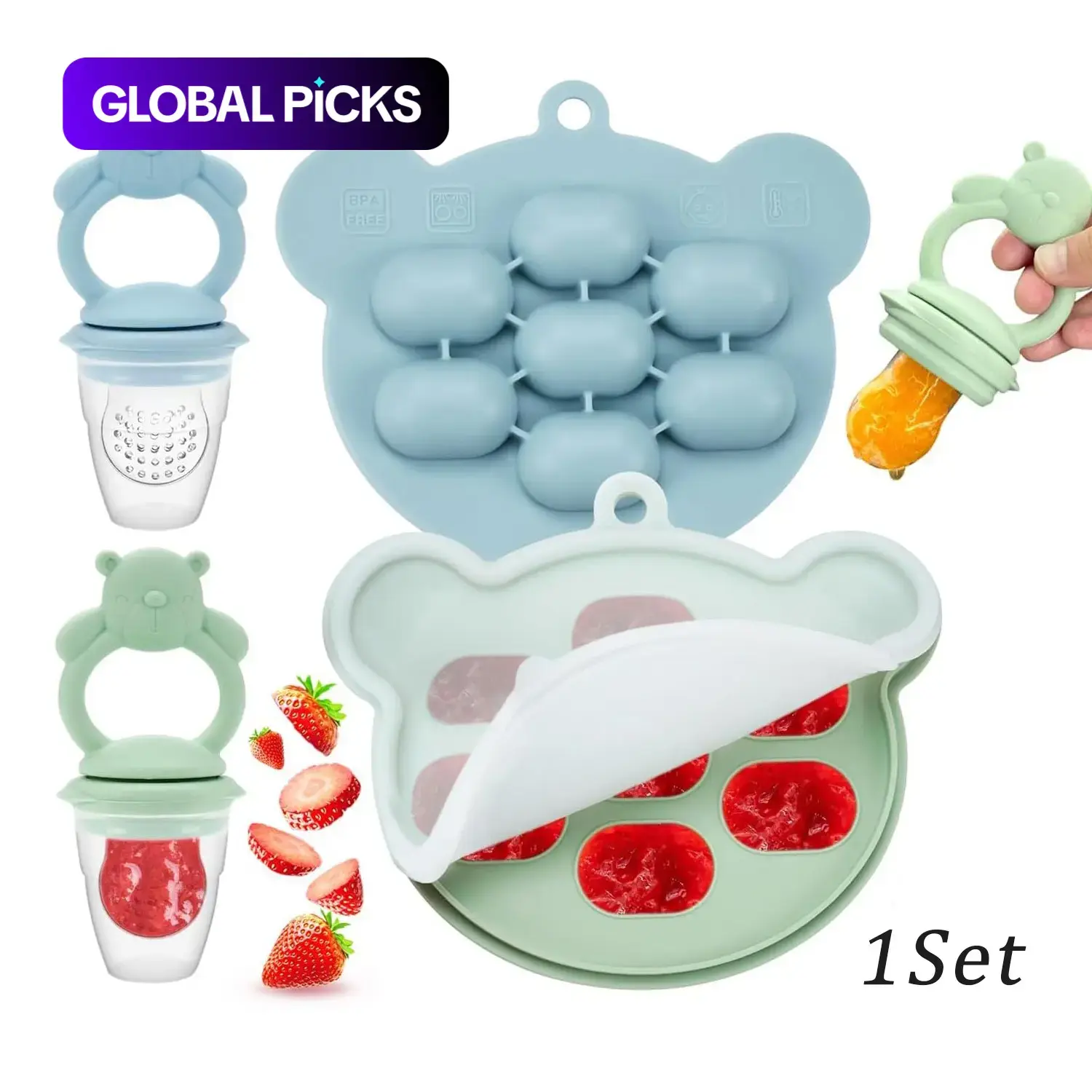 Cartoon Bear Design Pacifier with Ice Cube Tray, 2 Pcs/Set Silicone Feeding Utensils Included Baby Fruit and Vegetable Feeder and Ice Mold, Silicone Baby Fruit Bite Tool Drinking Feeding Supplies #GLOBAL PICKS