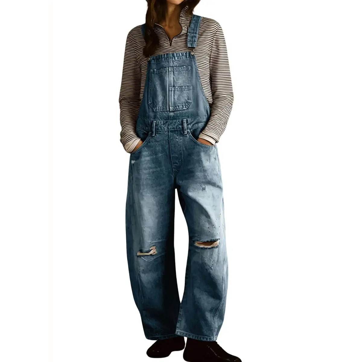 Chouyatou Women's Adjustable Strap Distressed Denim Overalls - 2026 Baggy Wide Barrel Leg Jean Bib Jumpsuits, Cute, Party