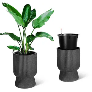 Garvee 14.2" Tall Planters Set of 2, Plant Pots, Self Watering Pots for Indoor Plants, Flower Pots with Built-in Drainage and a Water Level Monitor, for Patio, Porch, Living Room, or Home Office, Black