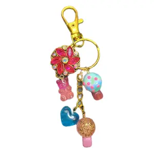 Strawberry Quartz Gummy Bear Keychain Purse Charm with Colorful Beads and Gold Hook for Fashion Accessories