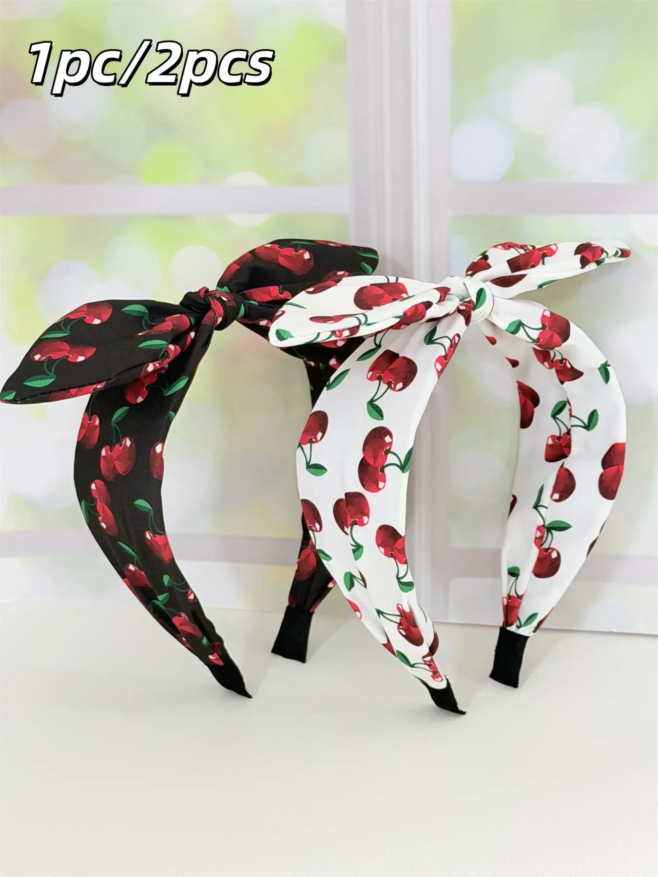 Women's Cute Adorable Cherry Print Design Bunny Ears Bow Hairband, Spring Summer Fruit Element Fabric Headband, High Forehead Fit Hairstyle Decor, Fun Element, Stretchy Elastic Headbands, Fashion Headbands, Animal Ears Headband