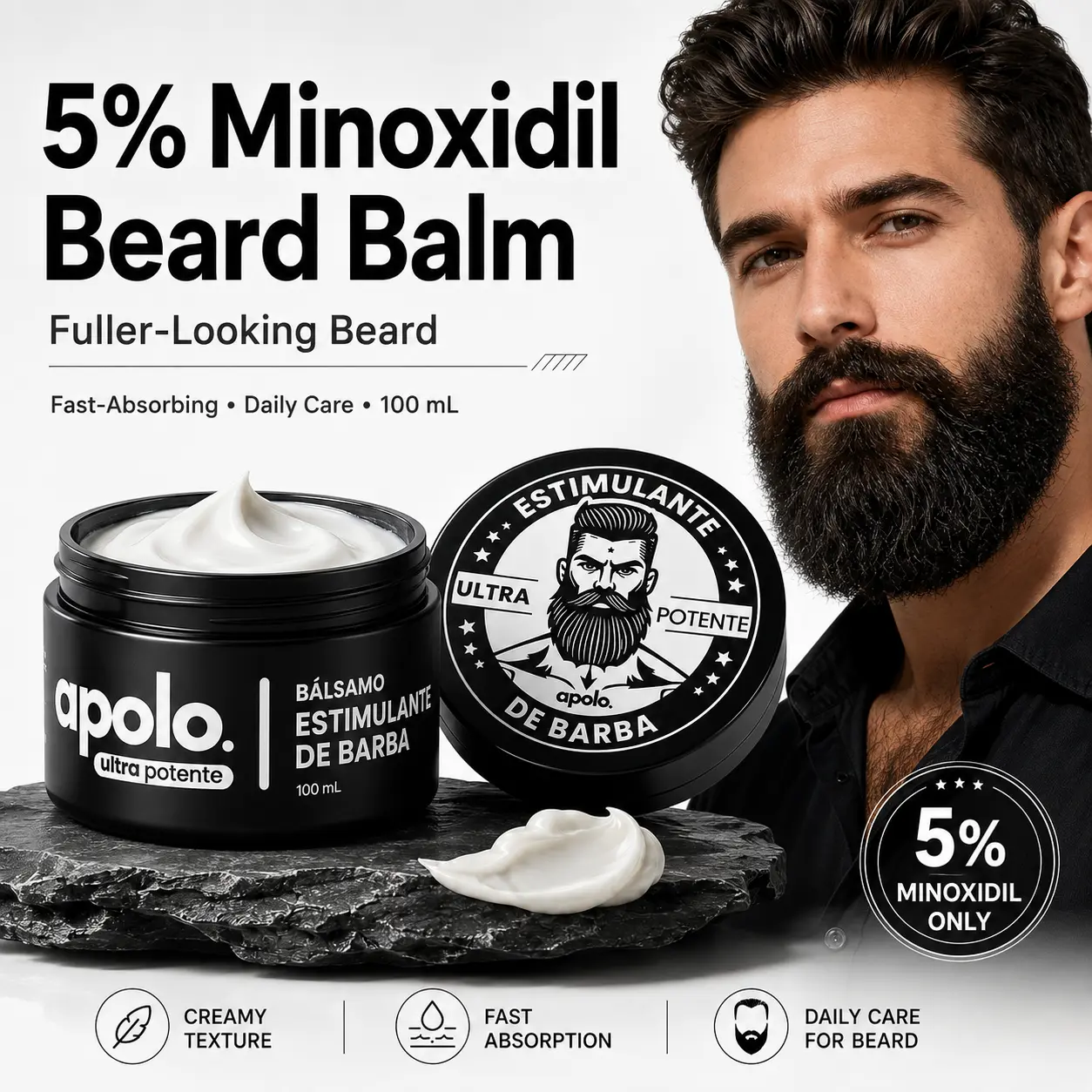 Apolo Ultra-Potent Beard Stimulating Balm 100ML | Powerful Formula to Boost Natural Beard Growth & Gain Fuller Beard