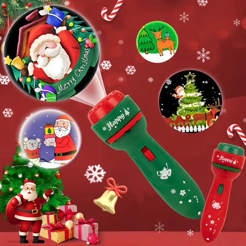 Luminous Christmas Projector Flashlight Toy - 1 Set, 24 Santa/Reindeer Festive Patterns, Red/Green Plastic Handheld Torch, Decor Ornaments for Girls' Room Decor, Unisex Educational Science Gift for 3-6 Year Olds with Development Benefits, Boys And Girls