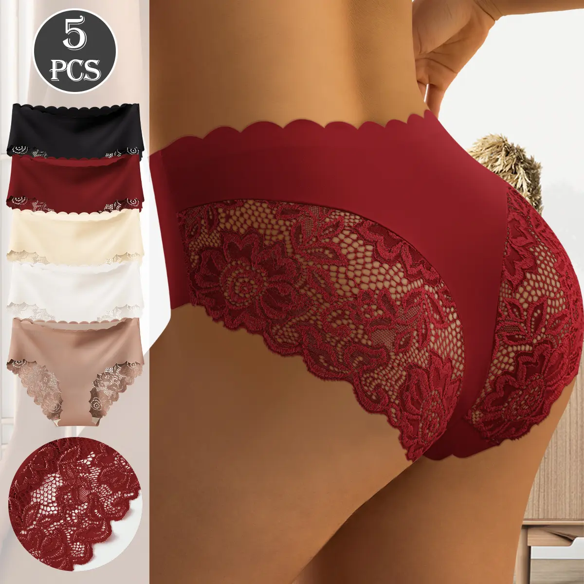 QUASTI 5PCS Women's High-waisted Lace Solid Color Panties, Seamless Elegant Silky Lightweight Sheer Lace Briefs, Smooth Long Lasting Daily Comfort S-XXL