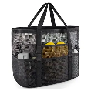 Large Capacity Mesh Beach Tote Bag, Multi-Pocket Quick-Dry Swim Travel Organizer, Beach Bag