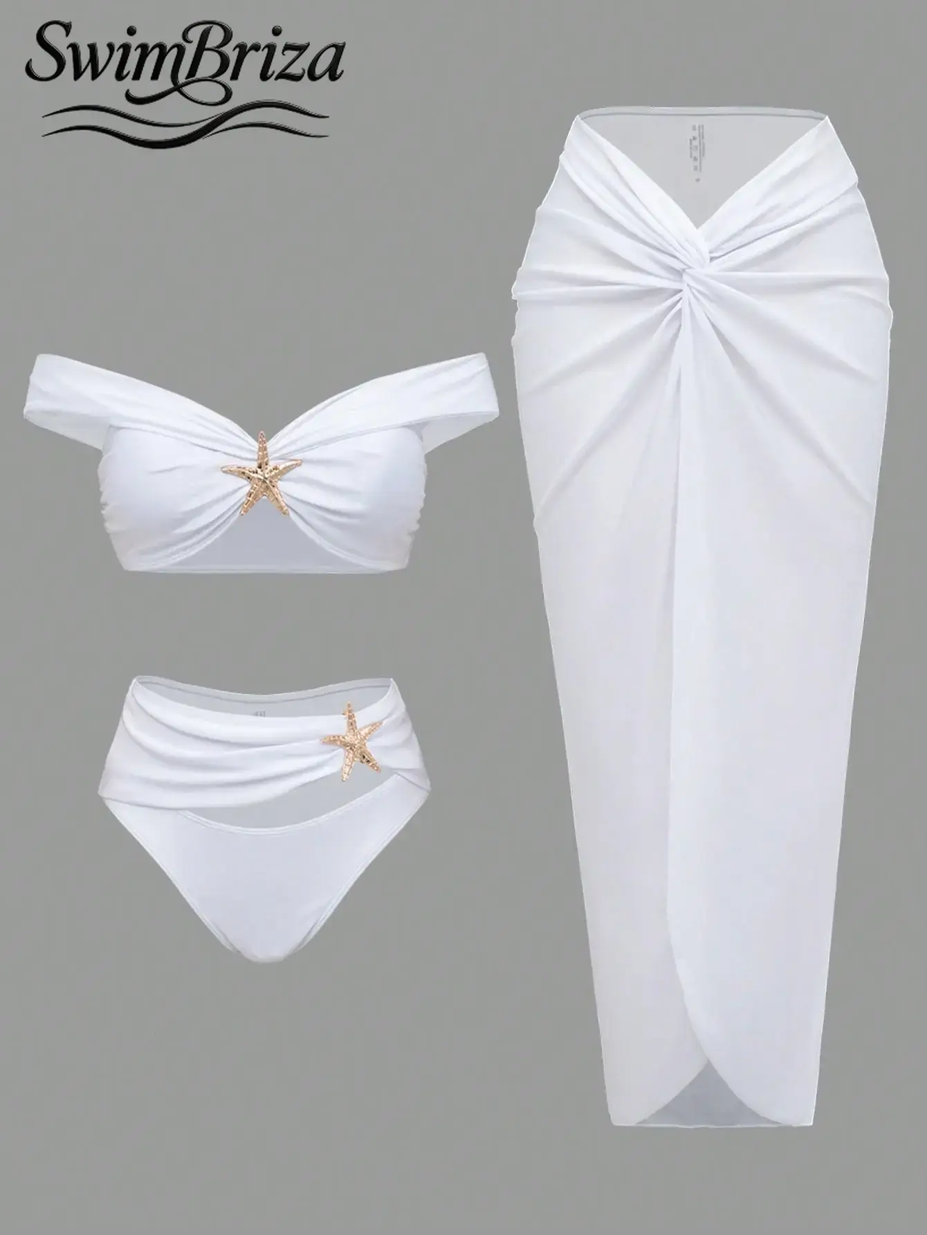 Briza｜Off Shoulder Bikini With Sarong In White For Vacation Swimwear For Women As High Waisted Bikini Sets And Bathing Suits 2 Piece Set, Two-Piece Swimsuit With Swimsuit Cover Up For Women, Swim Sets For Women With Bathing Suit Cover Ups
