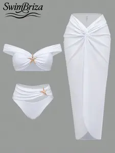 Briza｜Off Shoulder Bikini With Sarong In White For Vacation Swimwear For Women As High Waisted Bikini Sets And Bathing Suits 2 Piece Set, Two-Piece Swimsuit With Swimsuit Cover Up For Women, Swim Sets For Women With Bathing Suit Cover Ups