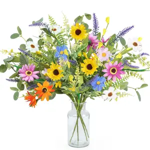 3pcs Artificial Daisy Flowers Decorative Flowers Bouquet Artificial Sunflower Fake Spring Flowers Faux Wildflowers Floral Arrangements for Home Indoor Table Vase Wedding Party Decor (Colorful)