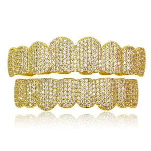 grillz  crooked  teeth Copper Inlaid Full Zircon Eight Teeth Hip Hop Gold Teeth Set Exaggerated Big Grillz for Upper and Lower Teeth 5.5cm*1.5cm & 4cm*1.3cm