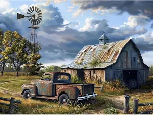 5D Full Drill Diamond Painting, Vintage Farm Scene with Old Barn, Rustic Truck & Windmill, Countryside DIY Wall Art