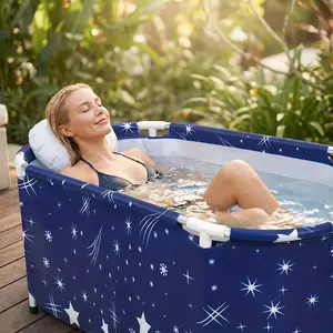 Starry Sky Blue Foldable Bathtub for Adults, Full Body Soaking Bucket Home Spa Bath for Autumn Winter Relaxation