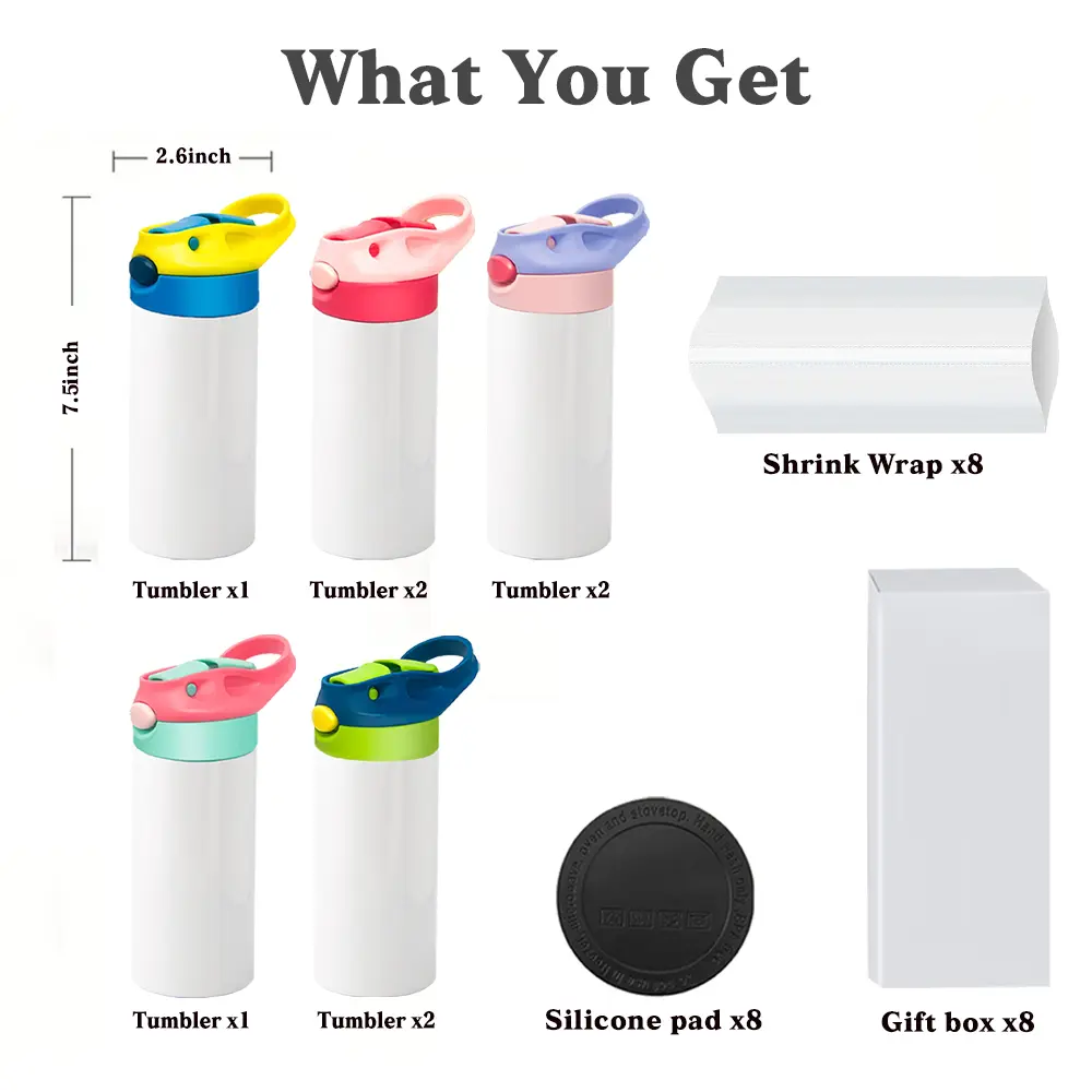 8 PACK Kids Sublimation Tumblers, 12oz Sublimation Sippy Cup Blank, Stainless Steel Sublimation Water Bottle Blanks for DIY Crafting Gift (6pack) rubber bottom Reusable Drinkware Flasks Lid
