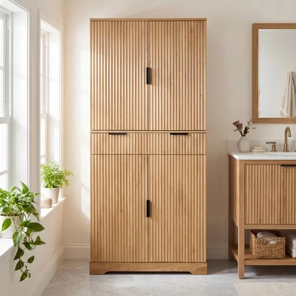 72" Oak Wood Rectangular Freestanding Kitchen Pantry Cabinet - Sturdy Single Unit with 3 Keyboard Drawers, 6 Adjustable Door Shelves, Flat Base for Kitchen, Bathroom, Office
