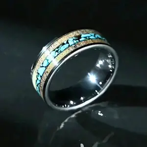 Bold Men's Ring with Unique Antler & Blue Inlay – 8mm Wedding Band, Anniversary Gift, Nature-Inspired Jewelry, Valentine's Gift for Him