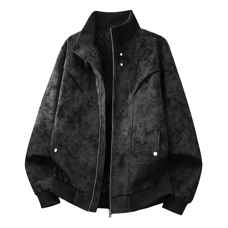 Available in three colors, men’s tie-dye faux suede ribbed-collar aviator jacket, sporty jacket, street jacket with stitched panels and zipper closure, tie-dye faux suede ribbed stand collar paneled aviator jacket, vintage casual street zip-up outerwear f