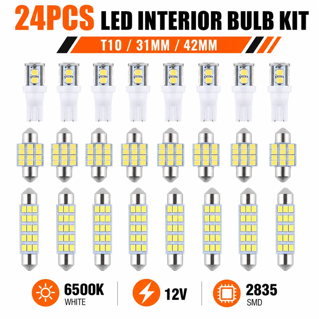 24PCS LED Interior Car Light Bulb Kit - T10, 31mm, 42mm Festoon Lights, 6500K White 12V 2835 SMD Replacement Bulbs for Dome, Map, Trunk, License Plate Lamps