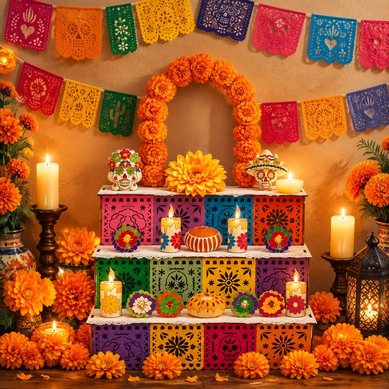 Gear Hunter 3-Piece Day of the Dead Wooden Memorial Decoration Set, Skull Photo Frame, 3M Marigold Flower Lights, Colorful Hanging Banner for Table Display, Dia De Los Muertos Home Decor, Memorial Party Supplies christmas tree kit Hotel-Grade Metal Scent