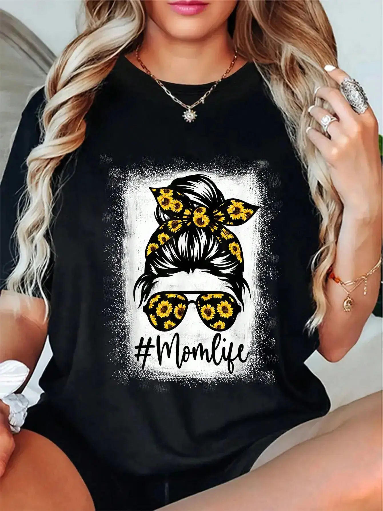 Cotton Bleached Sunflower Mom Life Tees For Mother's Day T-Shirt