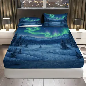 3Pcs Aurora Borealis Winter Landscape Fitted Sheet Three Piece Set (1*Fitted Sheet+2*Pillowcases, Coreless), Winter theme, Northern Lights Bedding Set, Mattress protector Soft, Breathable