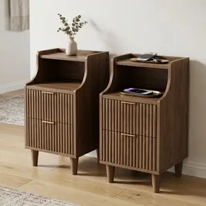 Oxirth  Fluted Nightstand with Drawers, Compact Bedside Table with Open Shelf, Sturdy Wood Accent Table for Bedroom Living Room (Walnut/White)