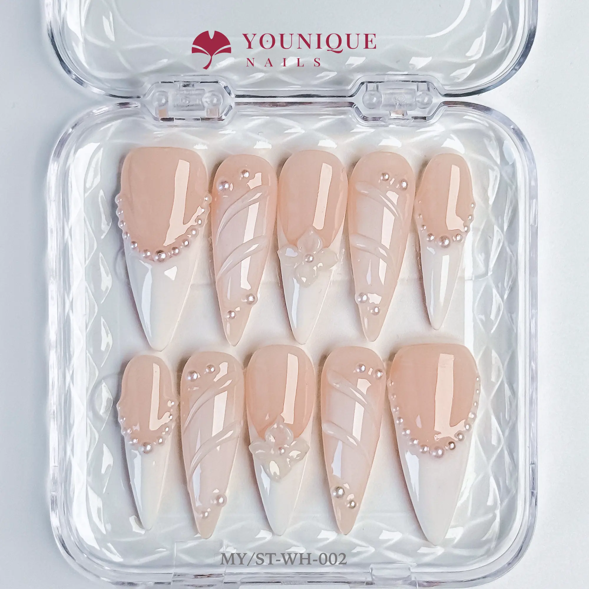 Younique Nails Wedding White Press-On Nails Collection 10PCS Handmade Reusable Glossy 3D Floral Rhinestone XL AL MC 095 Acrylic Long Lasting Office Wear