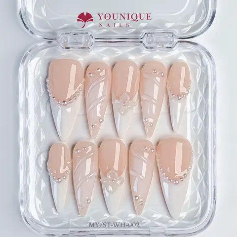 Younique Nails REUSABLE FRENCH TIP DESIGN COLLECTION Handmade Acrylic Set Kit Luxury Glossy Press-On Salon Quality Fake Press On Week Wear Short Medium Shape Floral Detail Base Nude Gold Rhinestone Jewel Mixed Multi Pearl Different Size Fashion